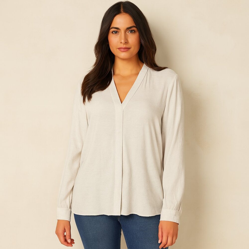 Mavi V neck cream linen cotton button front poet slv blouse Minamalist XS